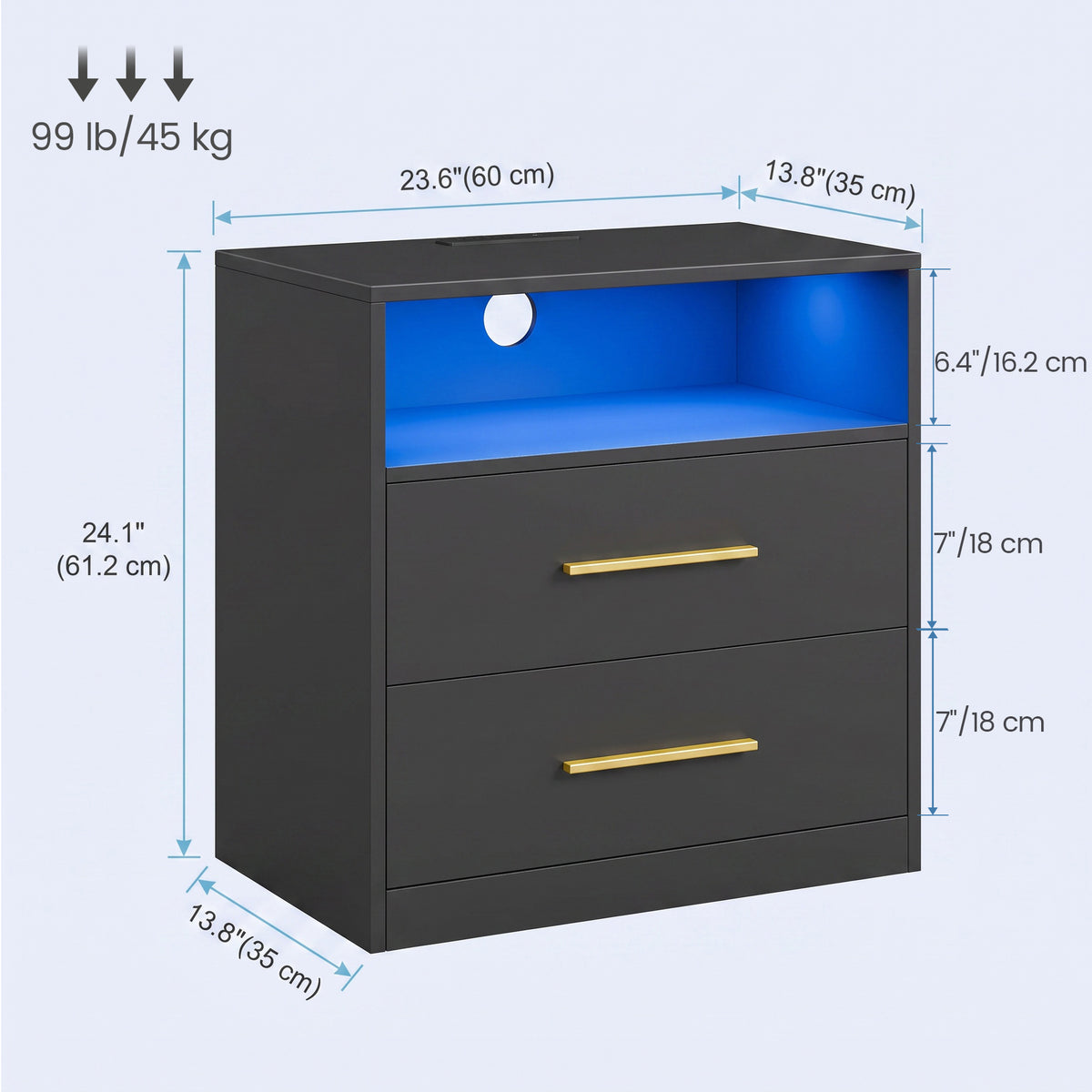 LEDREM Nightstand with Charging Station and LED Lights, 2 Storage Drawers, 23.6 x 13.8 x 24.1 Inches, Ink Black