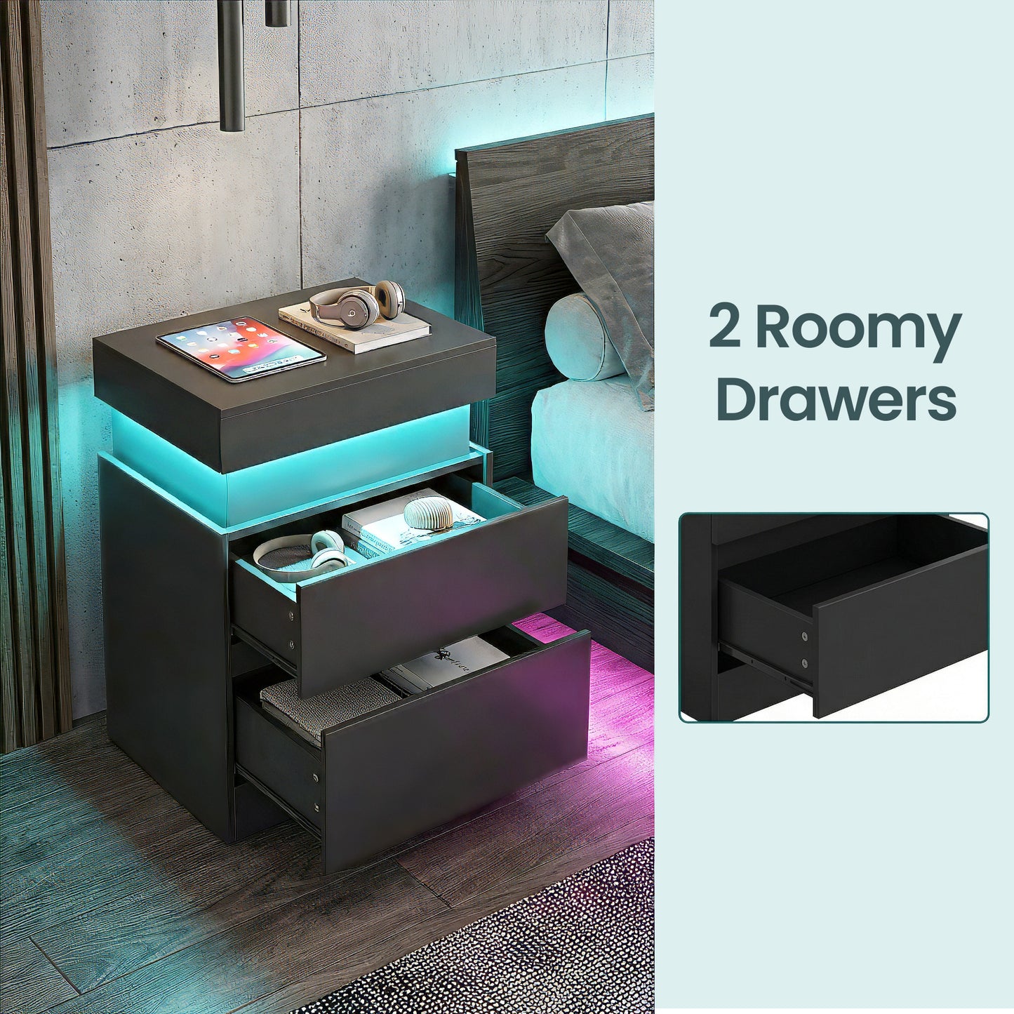 Nightstand with Power Outlets & LED Lights, Modern Bedside Table with 2 Drawers and Sliding Lid, Charging Station for Bedroom, Ink Black