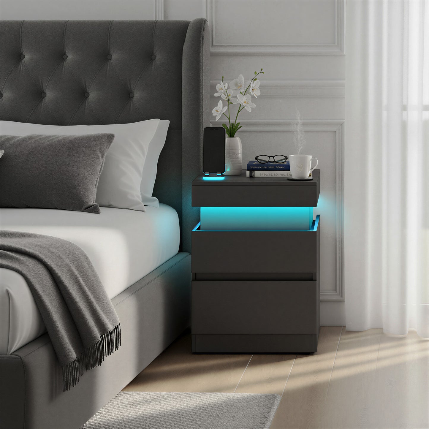 Nightstand with Power Outlets & LED Lights, Modern Bedside Table with 2 Drawers and Sliding Lid, Charging Station for Bedroom, Ink Black
