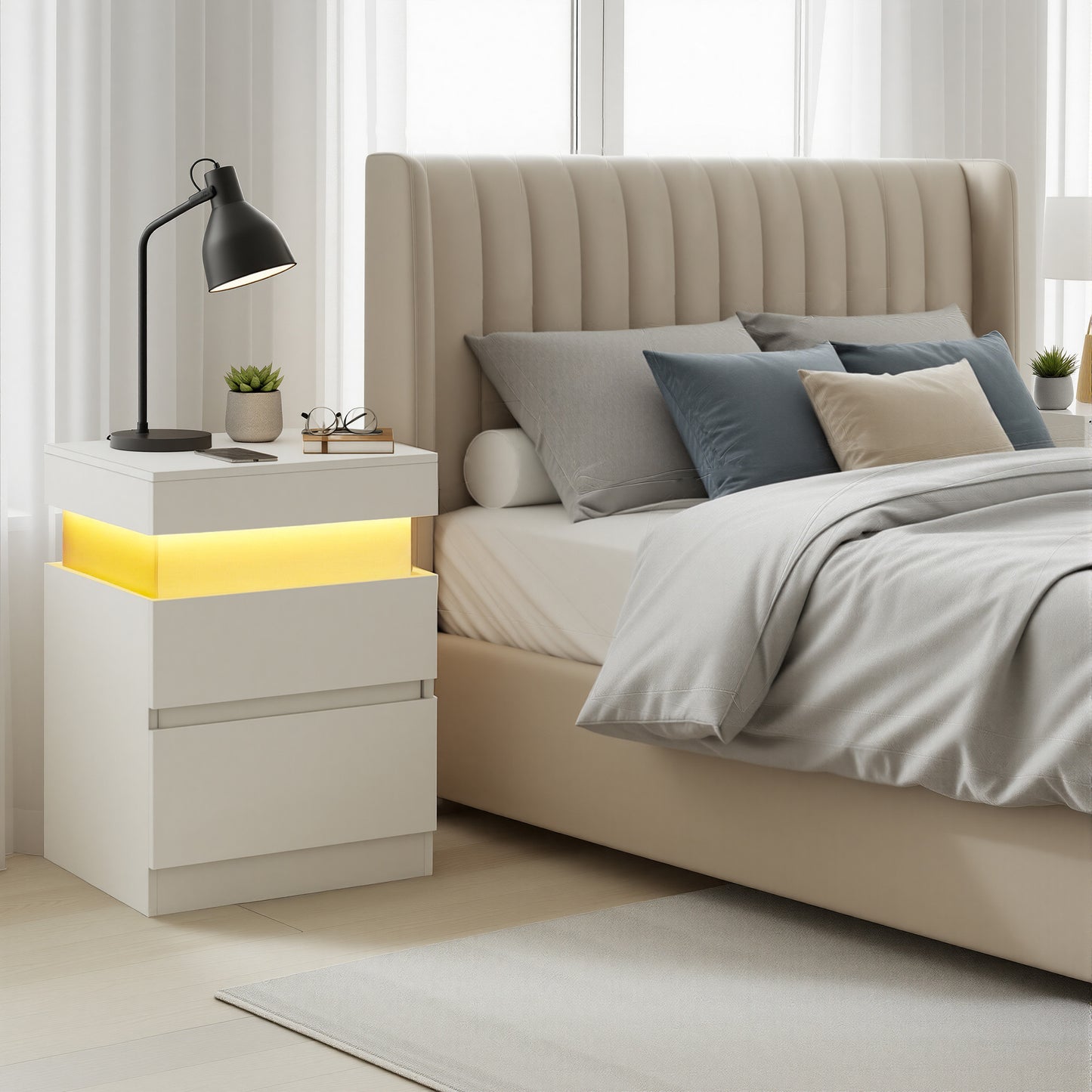 Nightstand with Power Outlets & LED Lights, Modern Bedside Table with 2 Drawers and Sliding Lid, Charging Station for Bedroom, Cloud White
