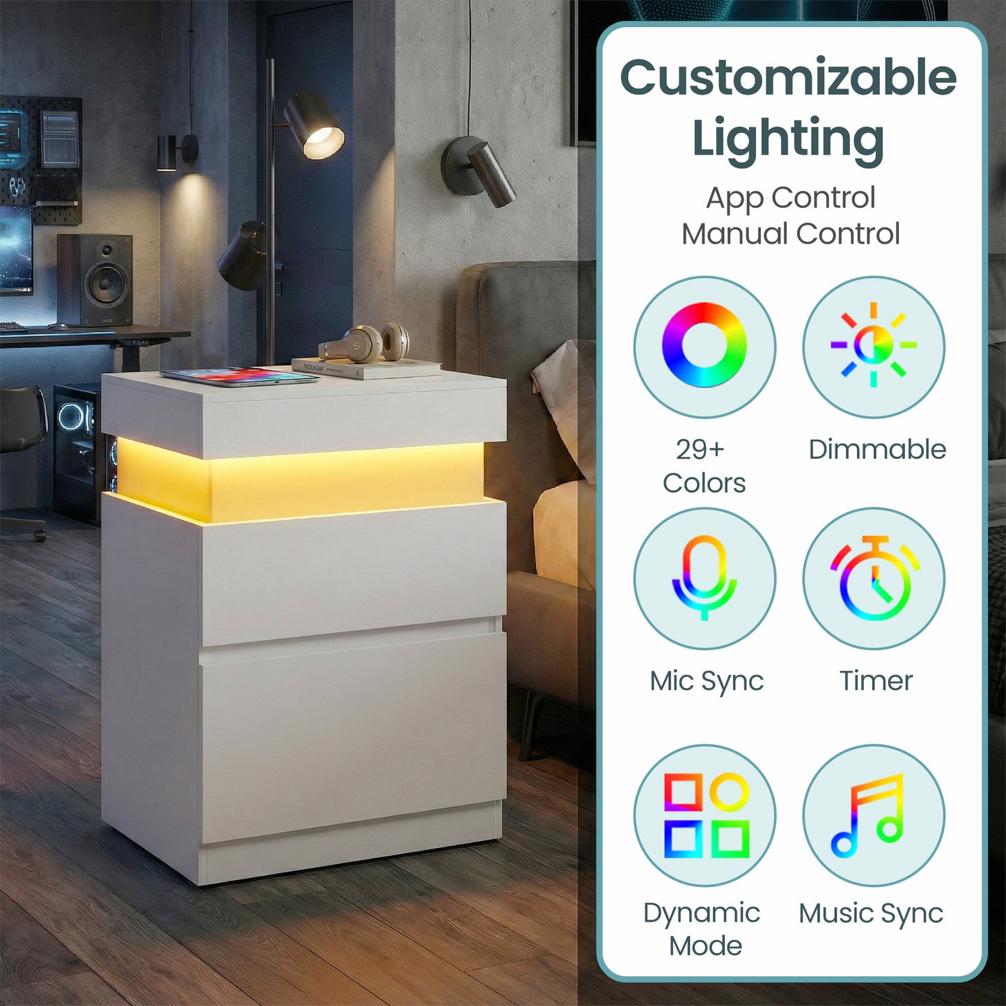 Nightstand with Power Outlets & LED Lights, Modern Bedside Table with 2 Drawers and Sliding Lid, Charging Station for Bedroom, Cloud White