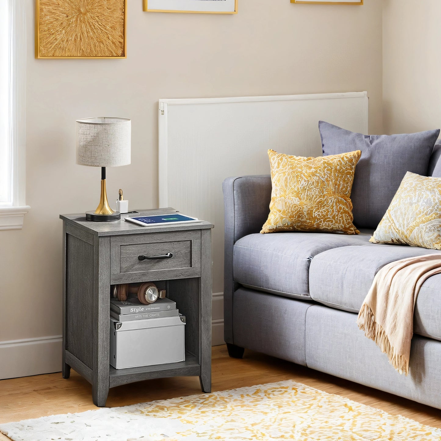 Farmhouse Nightstand with Charging Station, Bedside Table with Drawer and Open Shelf, Side Table for Bedroom or Living Room, Misty Gray