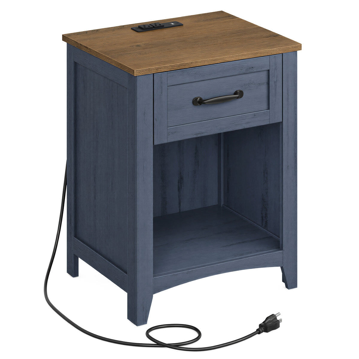 LEDREM Set of 1 Nightstands with Charging Station, Farmhouse Bedside Tables with Drawer and Open Compartment, Blue and Brown