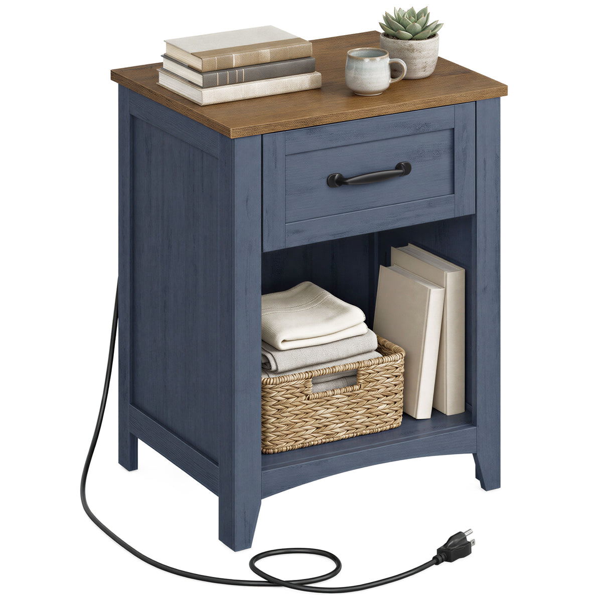 LEDREM Set of 1 Nightstands with Charging Station, Farmhouse Bedside Tables with Drawer and Open Compartment, Blue and Brown