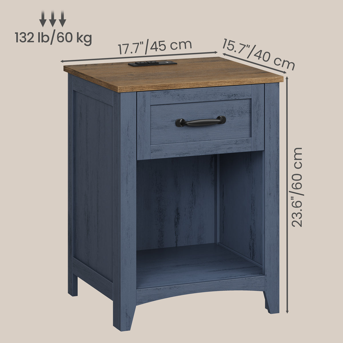 LEDREM Set of 1 Nightstands with Charging Station, Farmhouse Bedside Tables with Drawer and Open Compartment, Blue and Brown