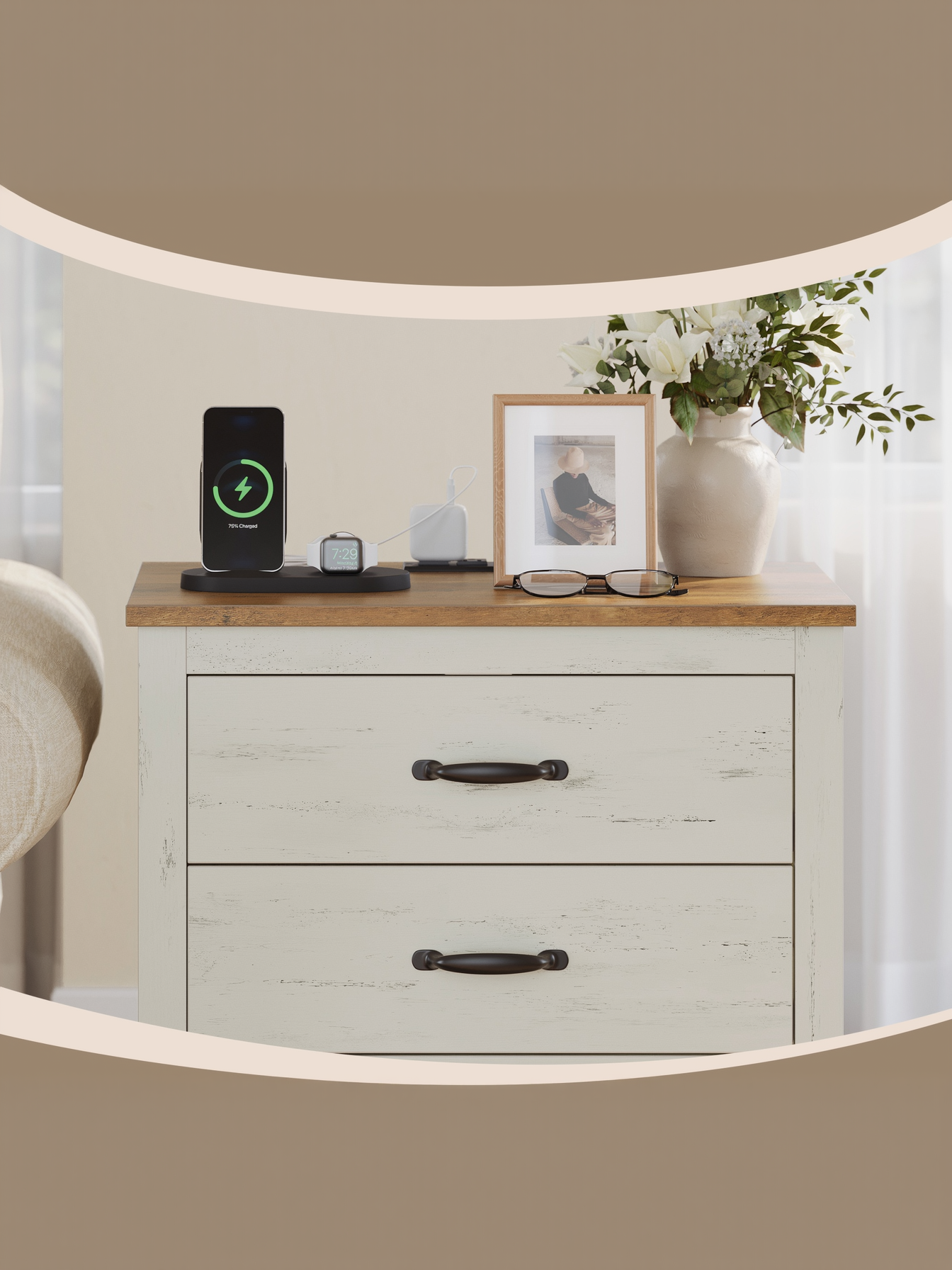 Farmhouse Nightstand with Charging Station, 3-Drawer Bedside Table with USB Ports for Bedroom, Rustic White and Honey Brown