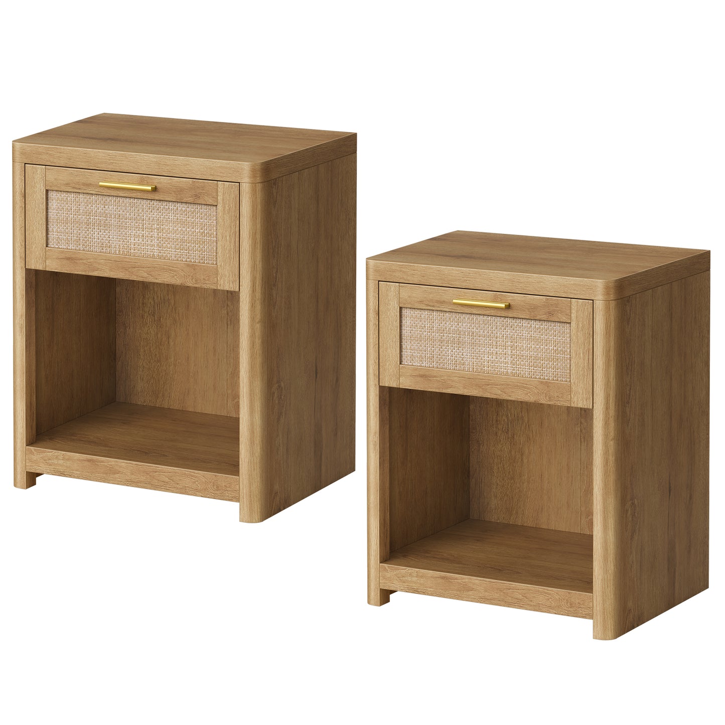 Set of 2 Boho Nightstands with Rattan-Look Drawer, Accent Side End Tables with Open Compartment, Rounded Corners, for Bedroom Bedside, Natural Brown