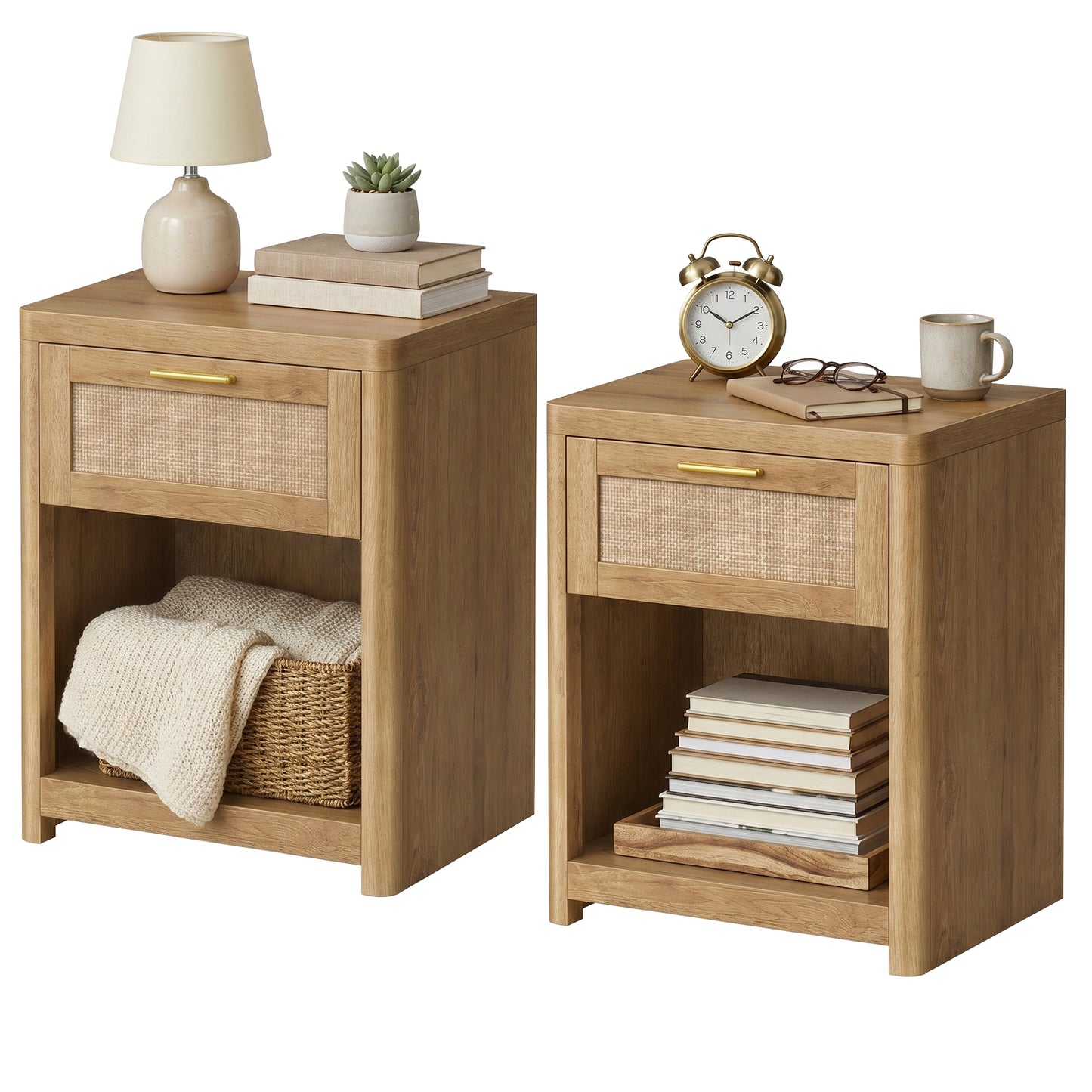 Set of 2 Boho Nightstands with Rattan-Look Drawer, Accent Side End Tables with Open Compartment, Rounded Corners, for Bedroom Bedside, Natural Brown
