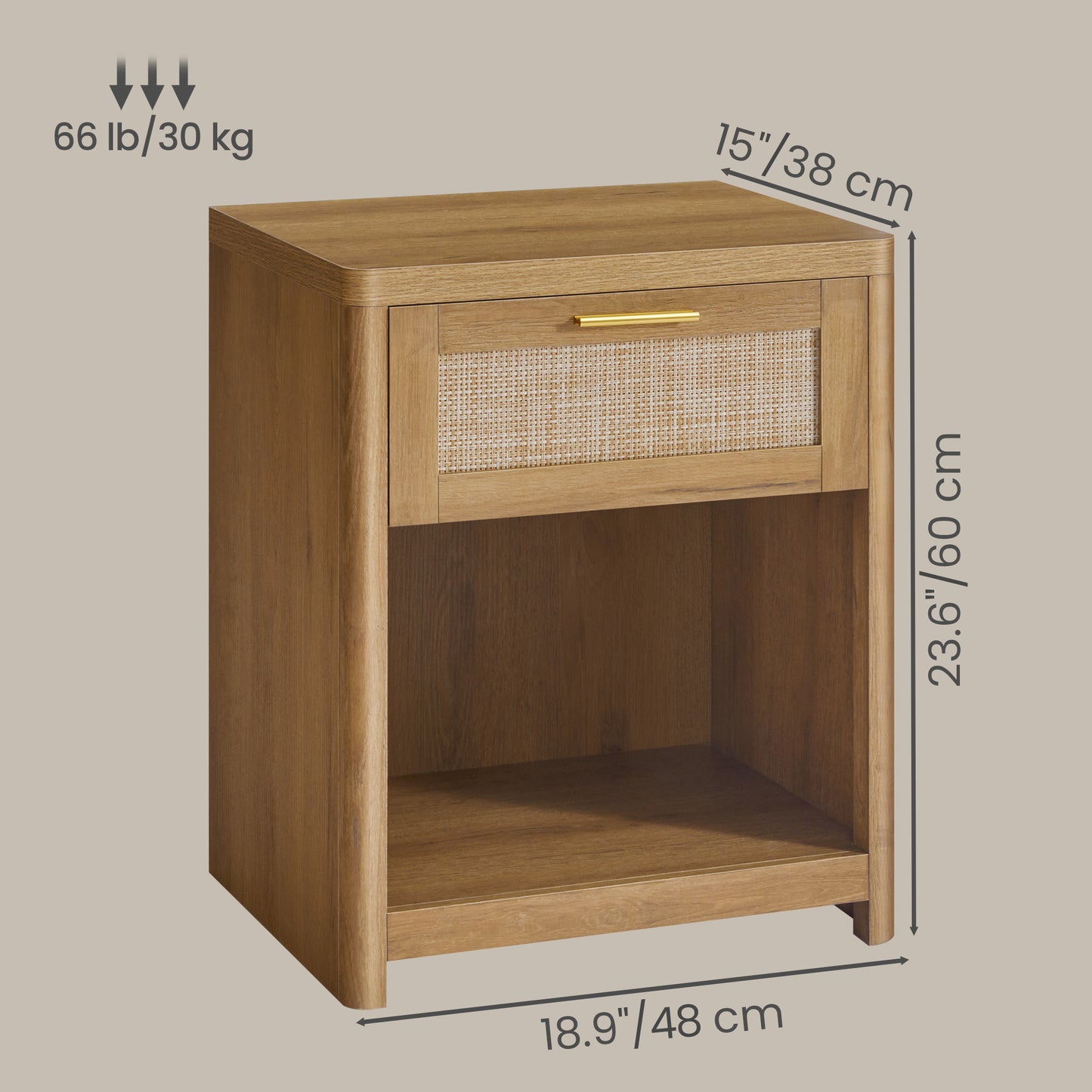 Set of 2 Boho Nightstands with Rattan-Look Drawer, Accent Side End Tables with Open Compartment, Rounded Corners, for Bedroom Bedside, Natural Brown