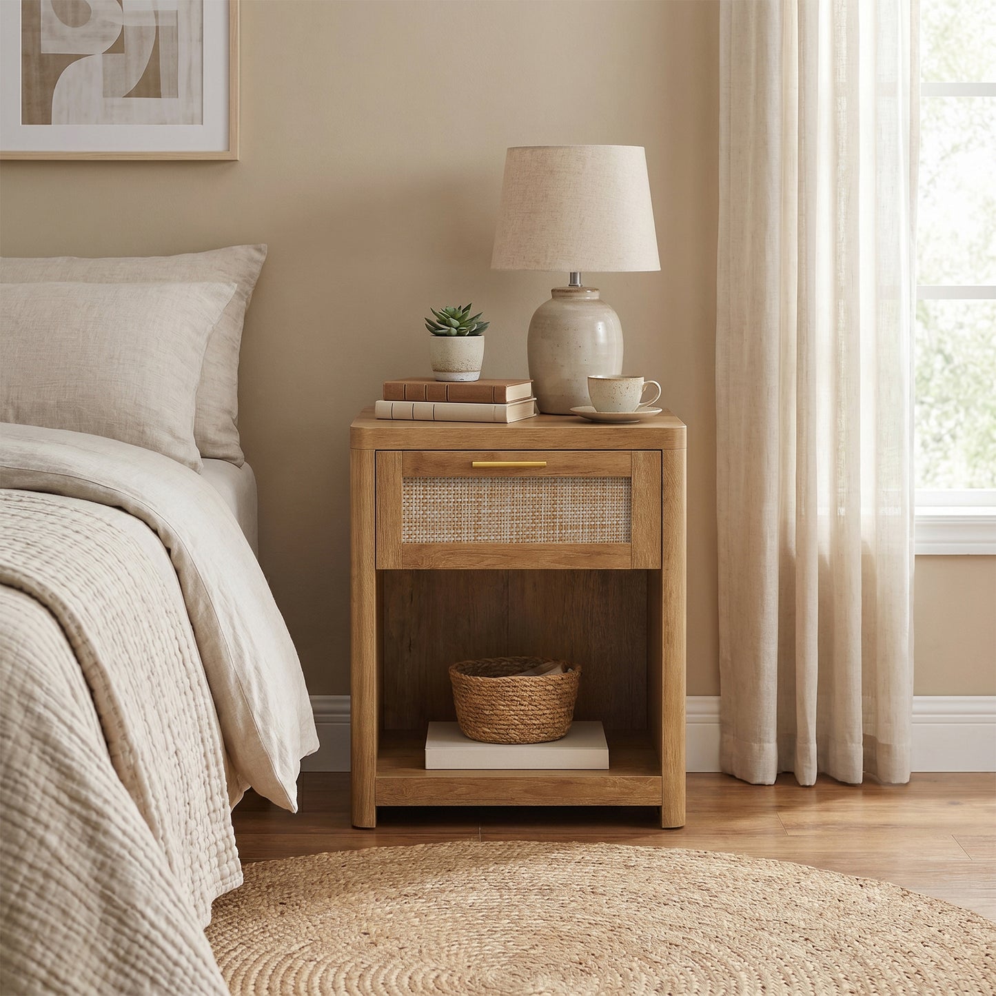 Set of 2 Boho Nightstands with Rattan-Look Drawer, Accent Side End Tables with Open Compartment, Rounded Corners, for Bedroom Bedside, Natural Brown