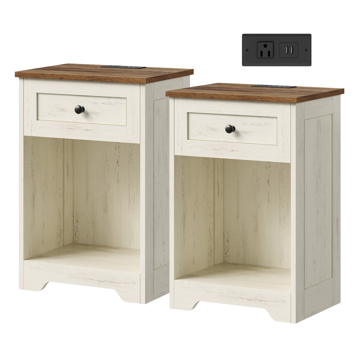 Traditional basic Nightstand with Charging Station, Drawer and Open Shelf, 15.7 x 11.8 x 23.2 Inches, White and Tan