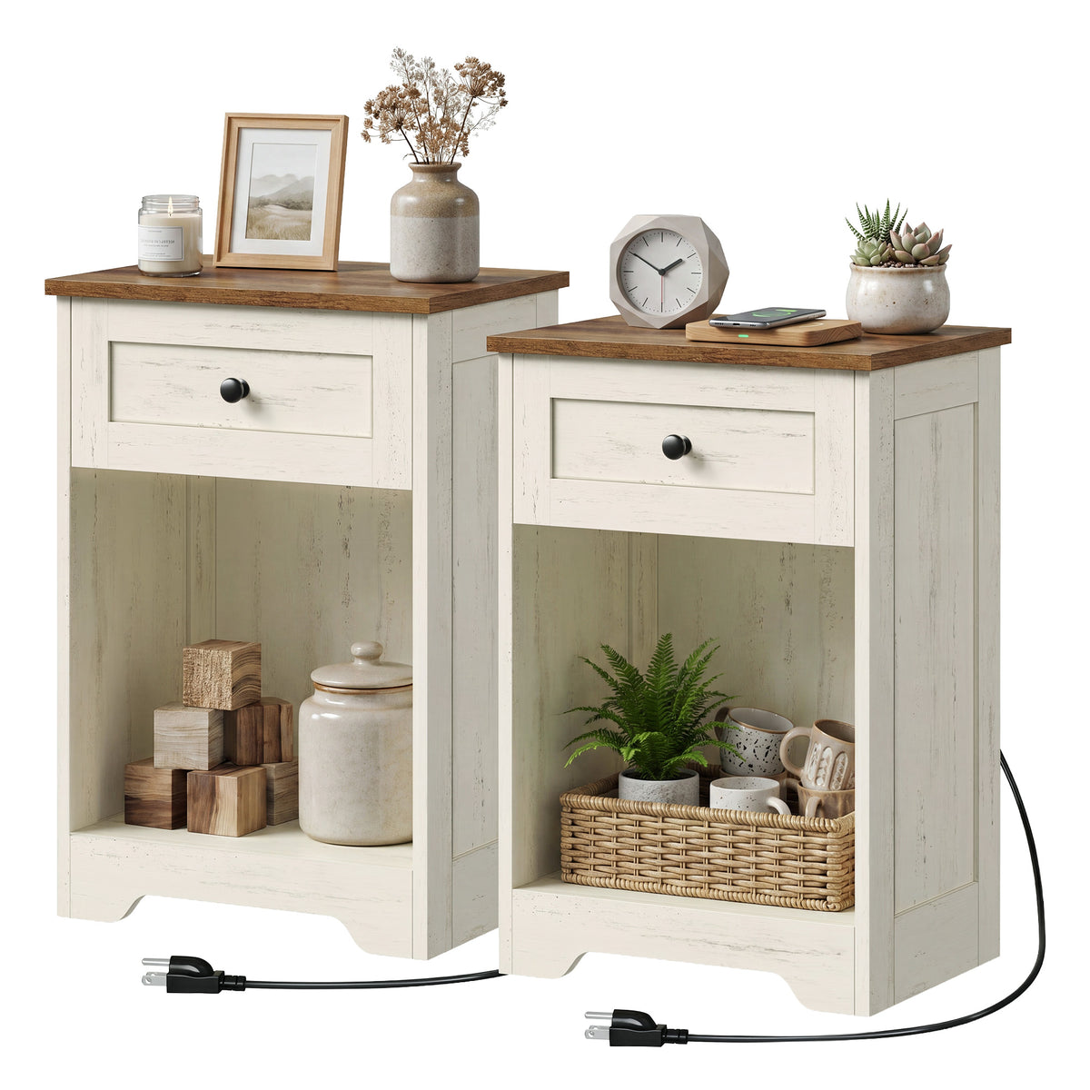 Traditional basic Nightstand with Charging Station, Drawer and Open Shelf, 15.7 x 11.8 x 23.2 Inches, White and Tan