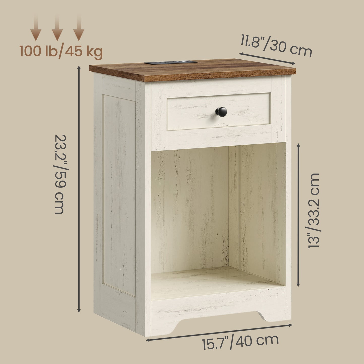 Traditional basic Nightstand with Charging Station, Drawer and Open Shelf, 15.7 x 11.8 x 23.2 Inches, White and Tan