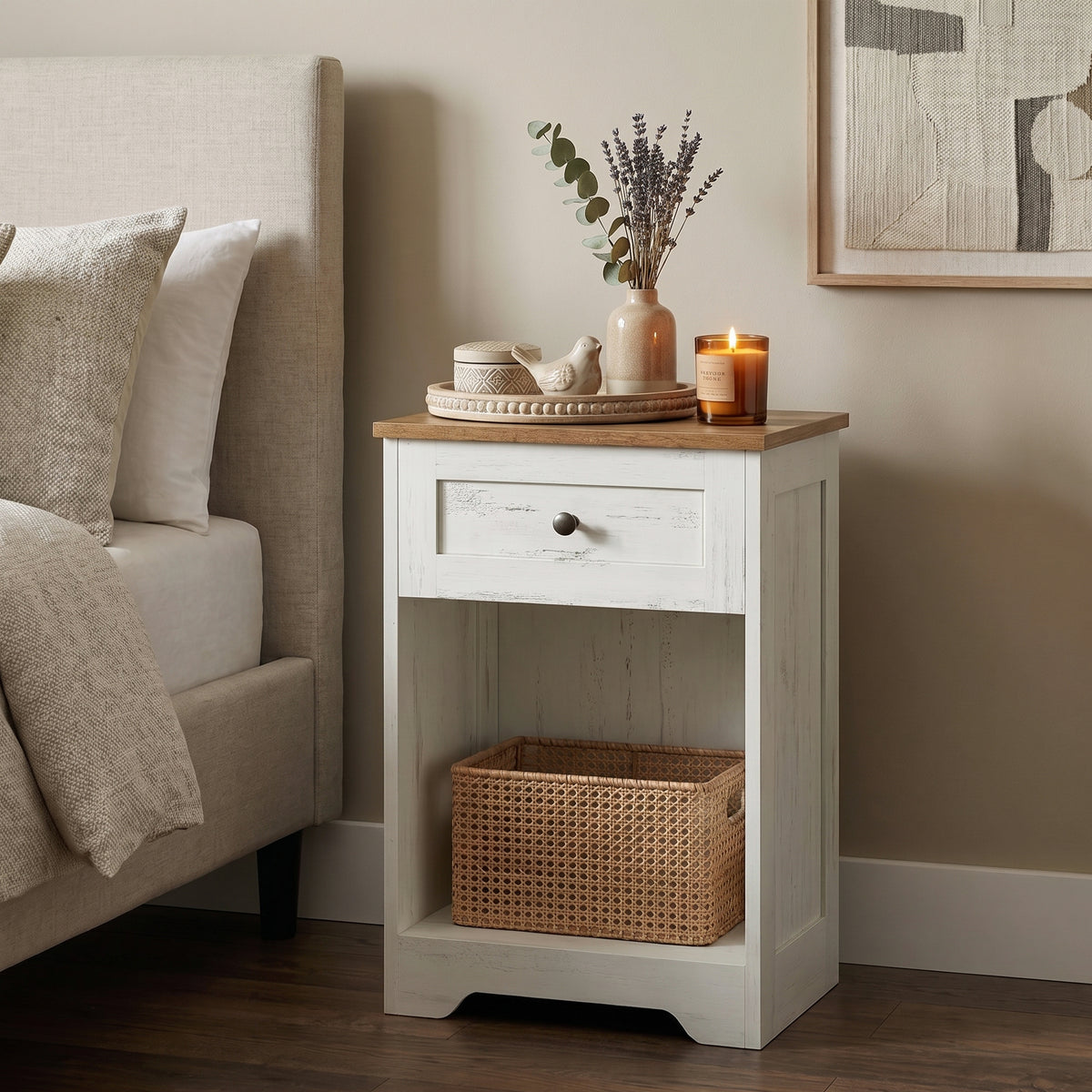 Traditional basic Nightstand with Charging Station, Drawer and Open Shelf, 15.7 x 11.8 x 23.2 Inches, White and Tan