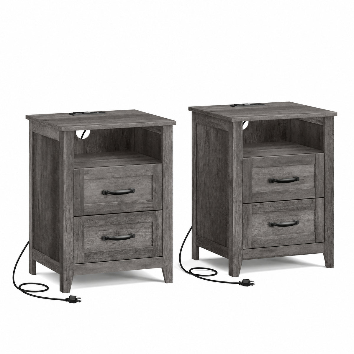LEDREM Set of 2 Bedside Tables with Charging Stations, 2 Drawers, Nightstands for Bedroom, Open Shelf, Gray