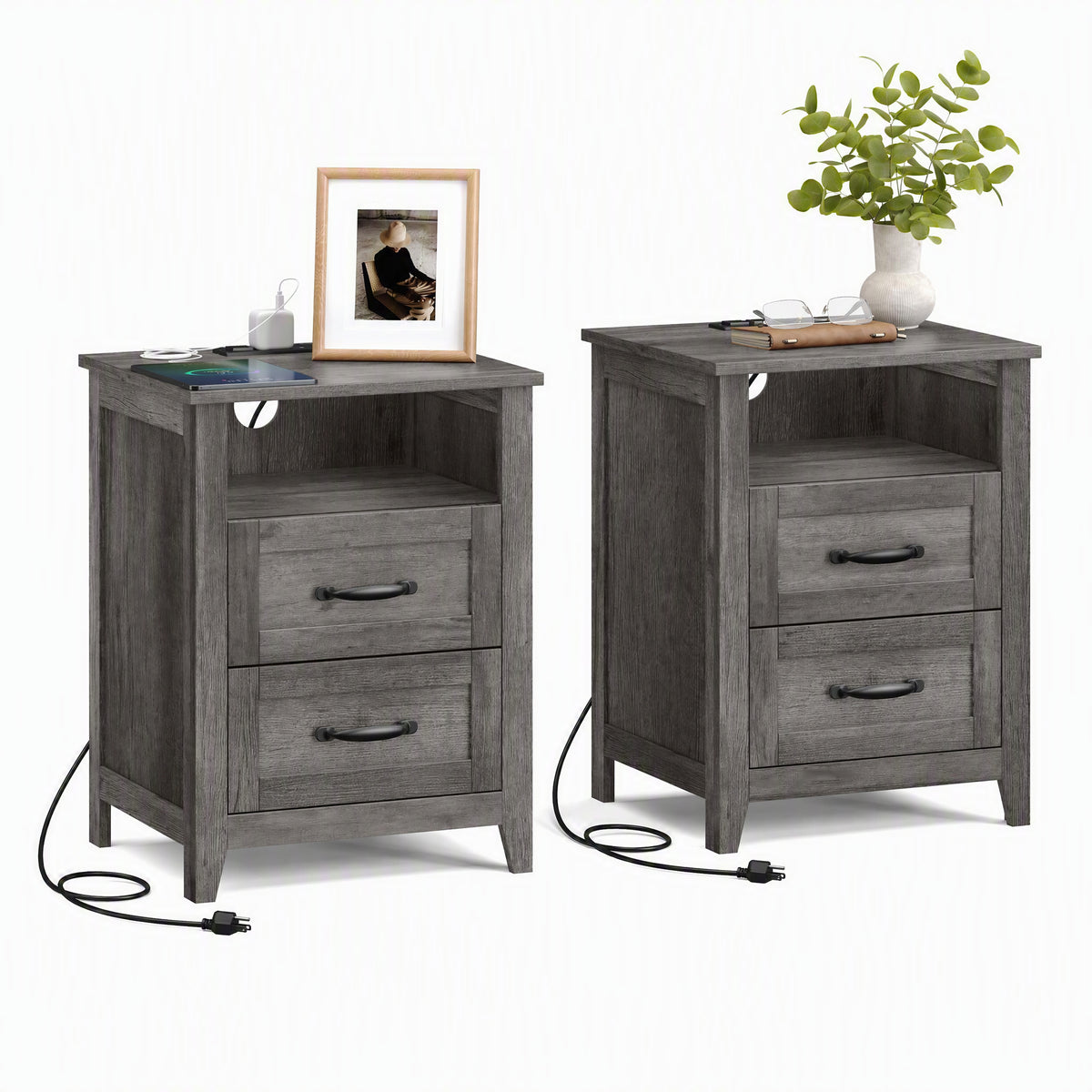 LEDREM Set of 2 Bedside Tables with Charging Stations, 2 Drawers, Nightstands for Bedroom, Open Shelf, Gray