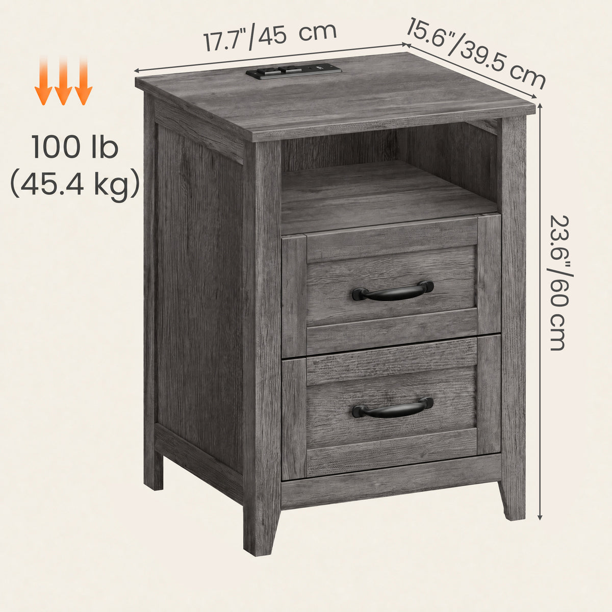 LEDREM Set of 2 Bedside Tables with Charging Stations, 2 Drawers, Nightstands for Bedroom, Open Shelf, Gray