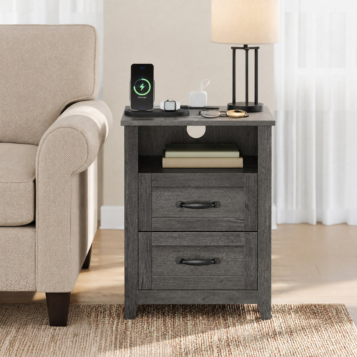LEDREM Set of 2 Bedside Tables with Charging Stations, 2 Drawers, Nightstands for Bedroom, Open Shelf, Gray