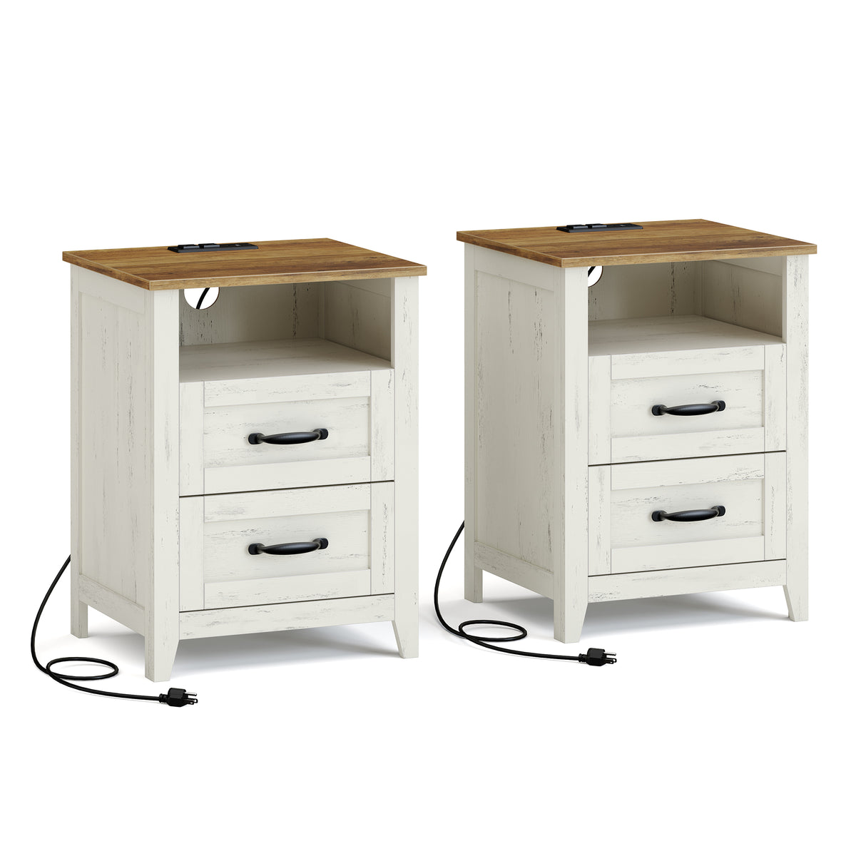 LEDREM Set of 2 Bedside Tables with Charging Stations, 2 Drawers, Nightstands for Bedroom, Open Shelf, Rustic White and Honey Brown