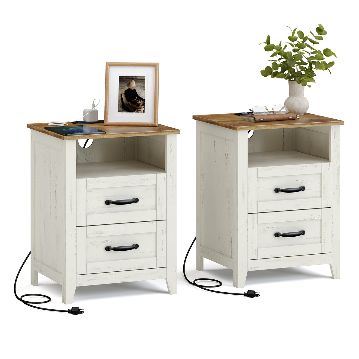 LEDREM Set of 2 Bedside Tables with Charging Stations, 2 Drawers, Nightstands for Bedroom, Open Shelf, Rustic White and Honey Brown