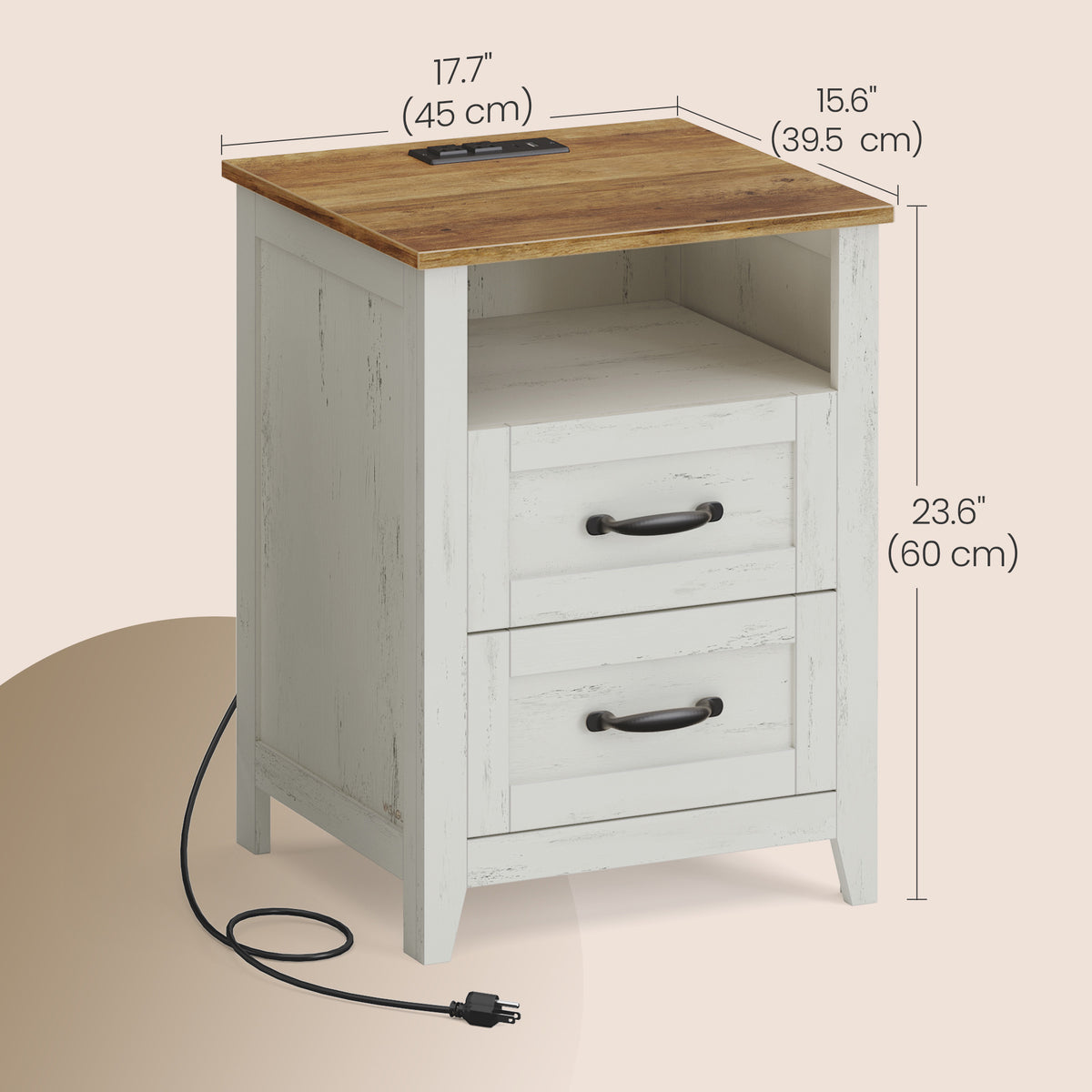 LEDREM Set of 2 Bedside Tables with Charging Stations, 2 Drawers, Nightstands for Bedroom, Open Shelf, Rustic White and Honey Brown