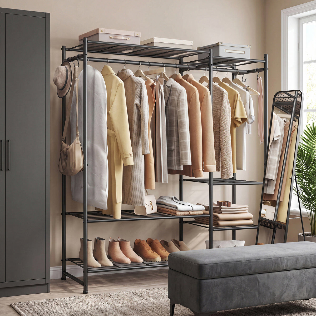 Portable Closet Wardrobe, Heavy-Duty Metal Freestanding Closet System with 7 Shelves, 49.1 x 11.8 x 61.9 Inches, Black