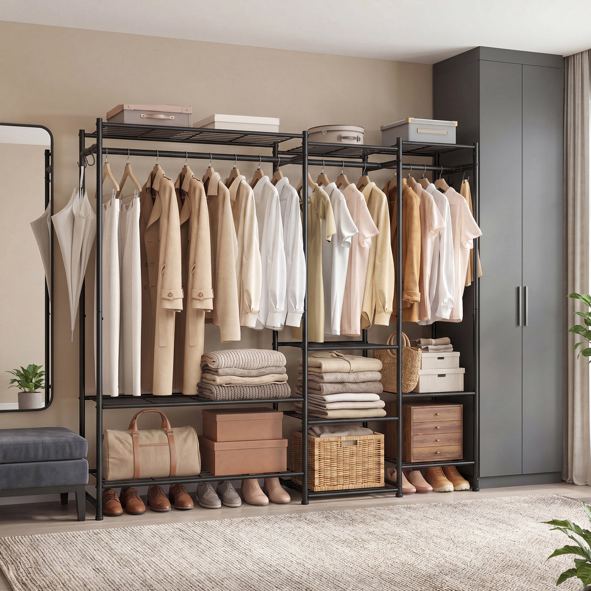 Portable Closet Wardrobe, Heavy-Duty Steel Freestanding Closet System with 10 Shelves, 81.3 x 11.8 x 61.9 Inches, Black
