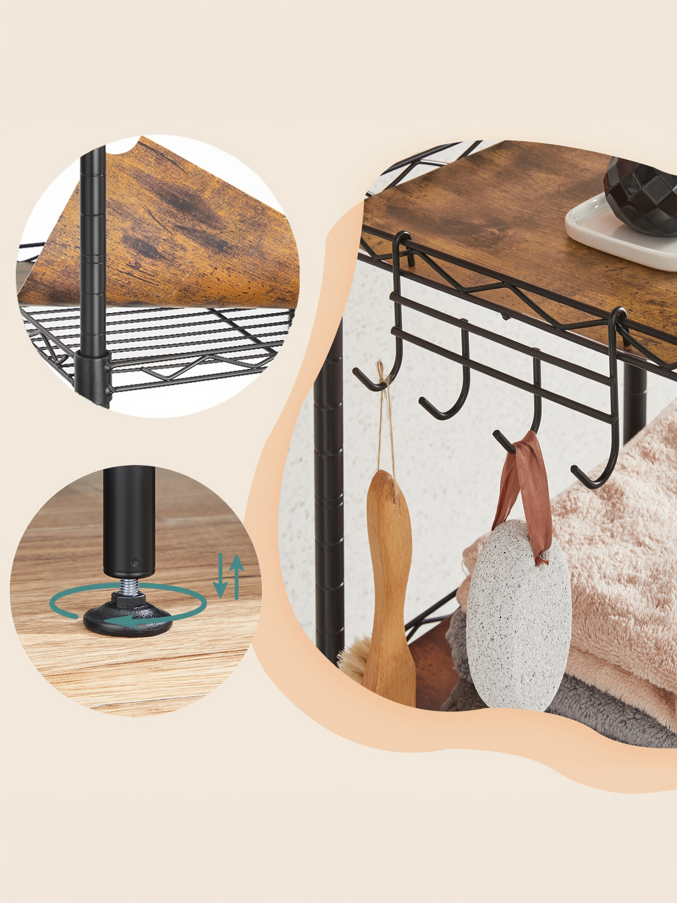 5-Tier Bathroom Shelf with PP Liners and Removable Hook, Extendable Small Space Storage Rack, Ink Black and Rustic Brown