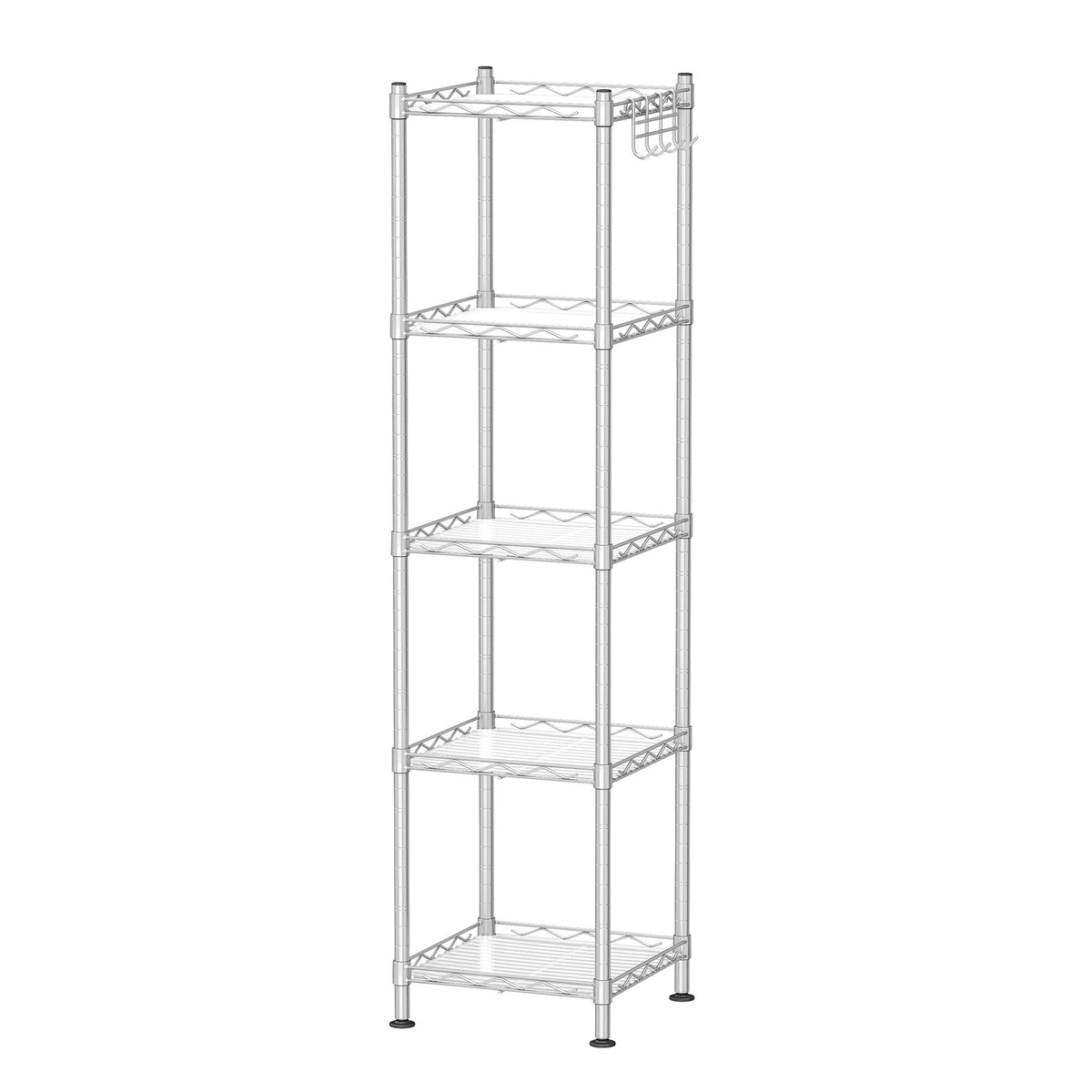 LEDREM Bathroom Shelf, 5-Tier Storage Rack for Small Space, with 5 PP Plastic Shelf Liners, Removable Hook, Extendable Design, Gray and White