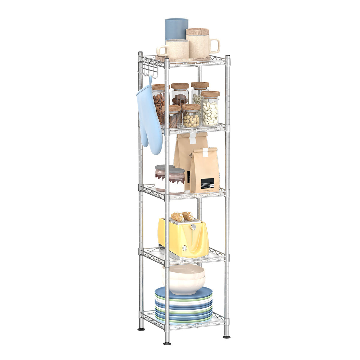LEDREM Bathroom Shelf, 5-Tier Storage Rack for Small Space, with 5 PP Plastic Shelf Liners, Removable Hook, Extendable Design, Gray and White