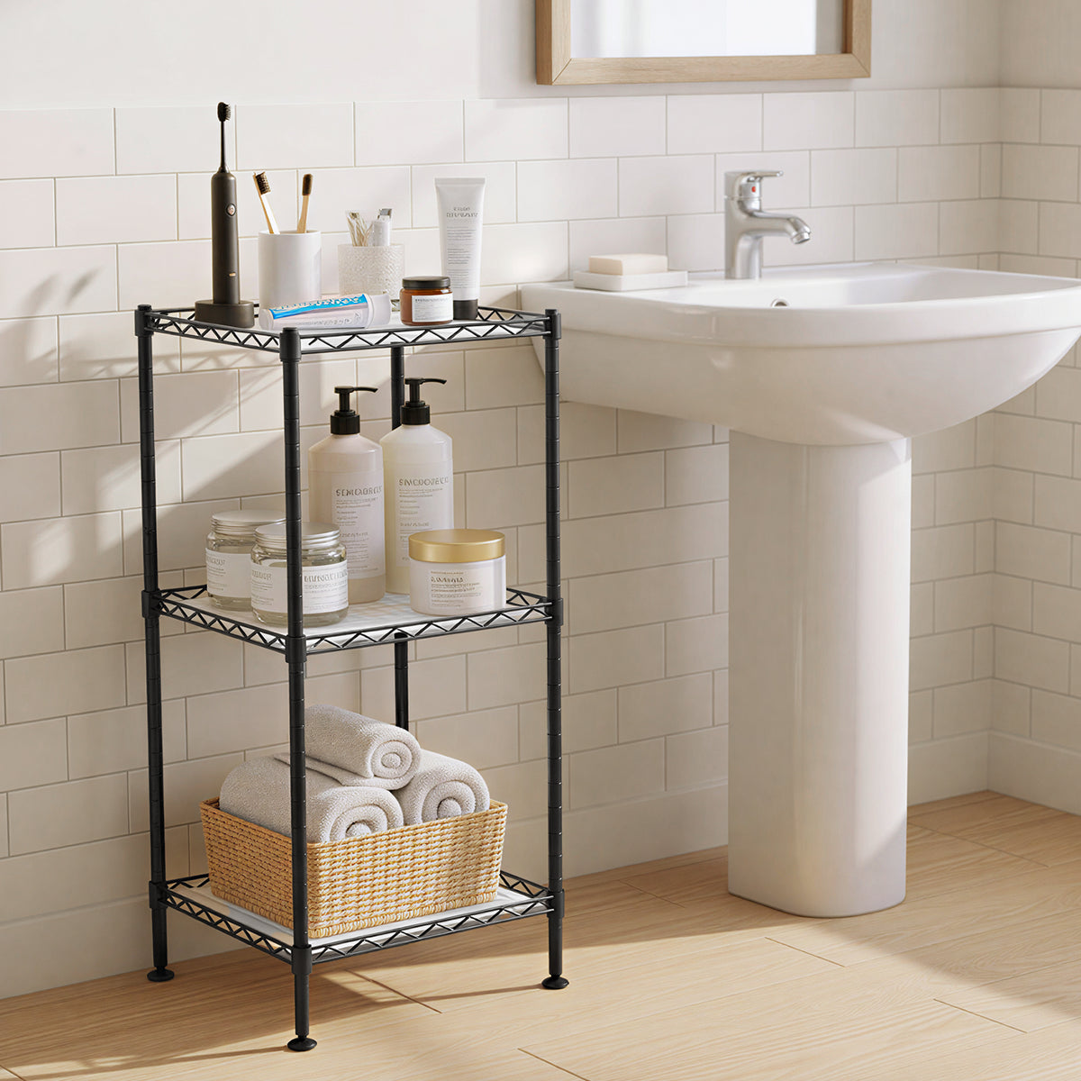 LEDREM Bathroom Shelf, 3-Tier Storage Rack for Small Space, with 5 PP Shelf Liners, Removable Hook, Extendable Design, Black