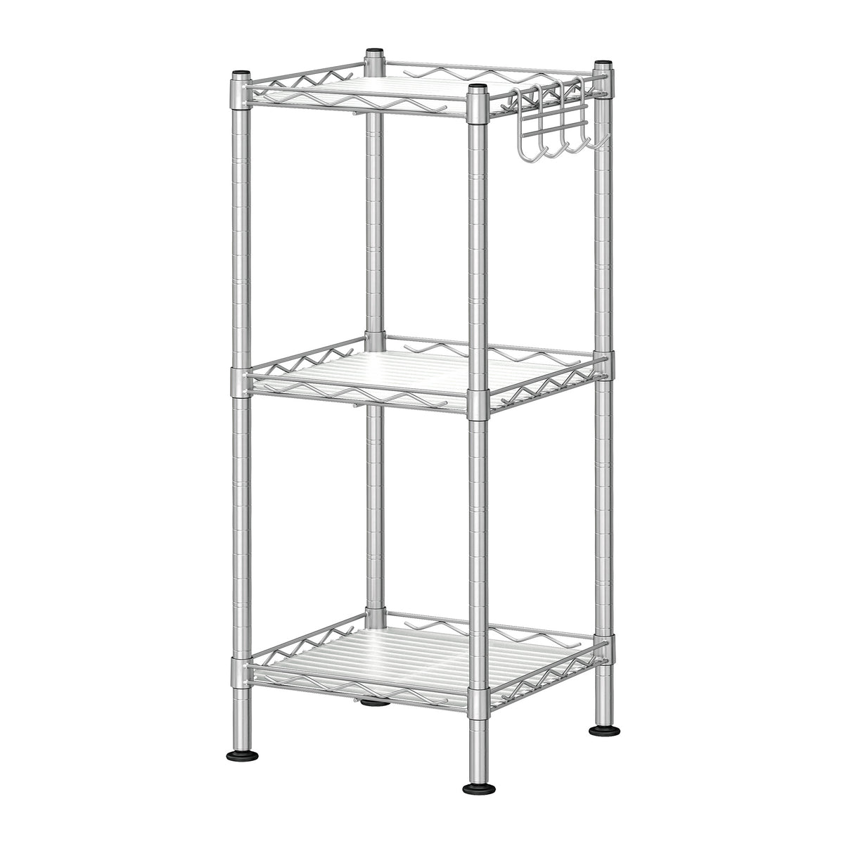 LEDREM 3-Tier Storage Rack, Bathroom Shelf with 3 PP Shelf Liners, Removable Hook, Extendable, Silver and White