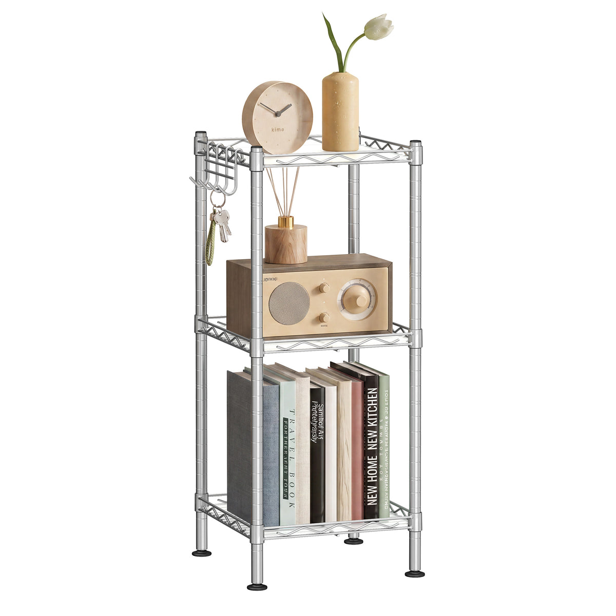 LEDREM 3-Tier Storage Rack, Bathroom Shelf with 3 PP Shelf Liners, Removable Hook, Extendable, Silver and White