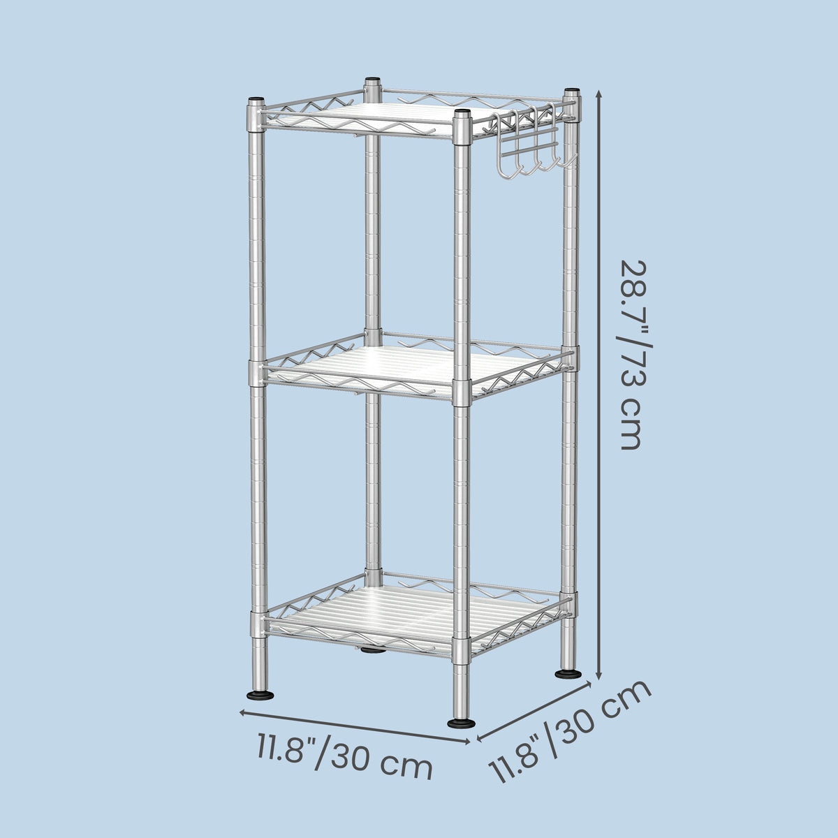 LEDREM 3-Tier Storage Rack, Bathroom Shelf with 3 PP Shelf Liners, Removable Hook, Extendable, Silver and White
