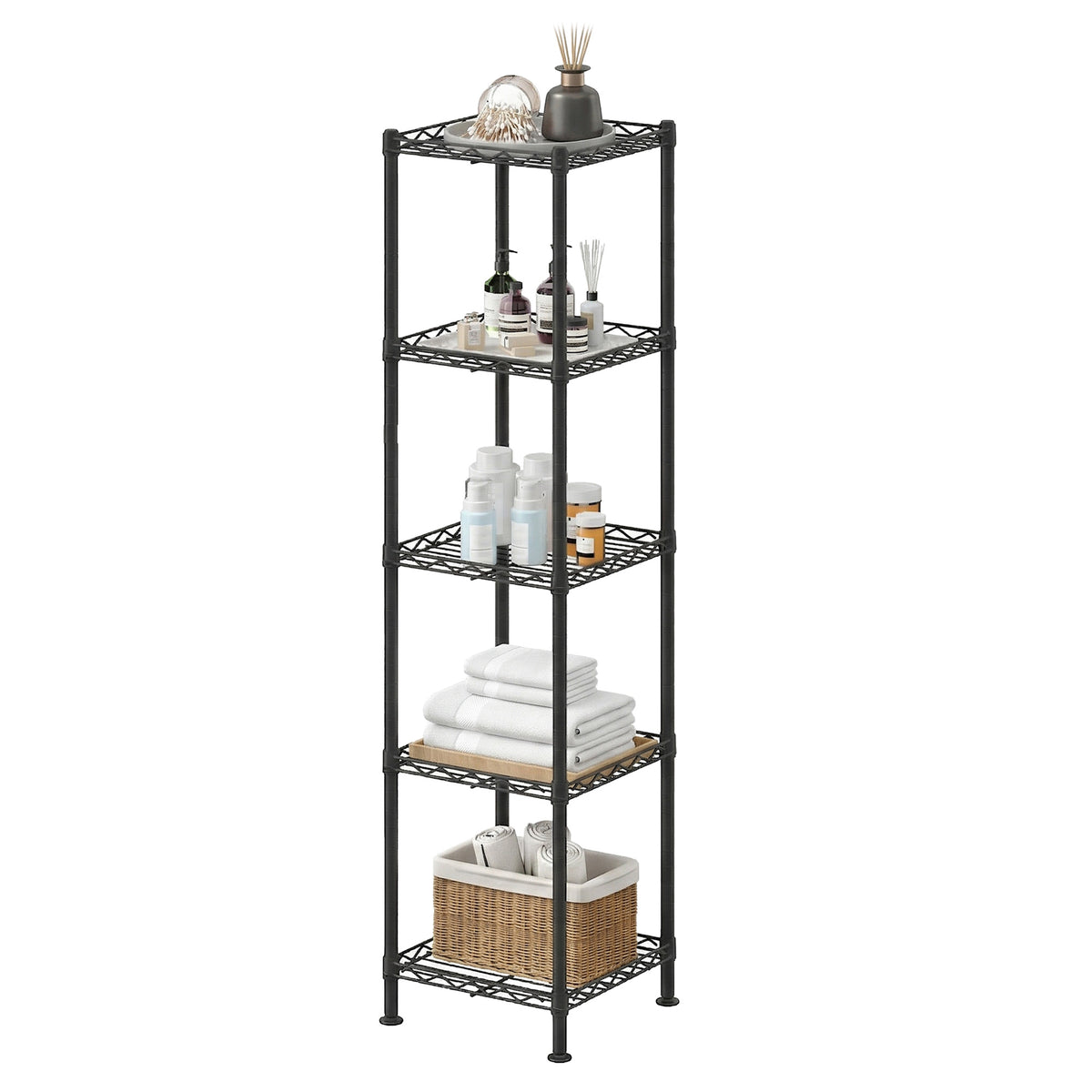 LEDREM Storage Shelves, 5-Tier Adjustable Narrow Metal Shelving Unit for Kitchen Storage, 11.8 x 11.8 x 48.3 Inches, Ink Black