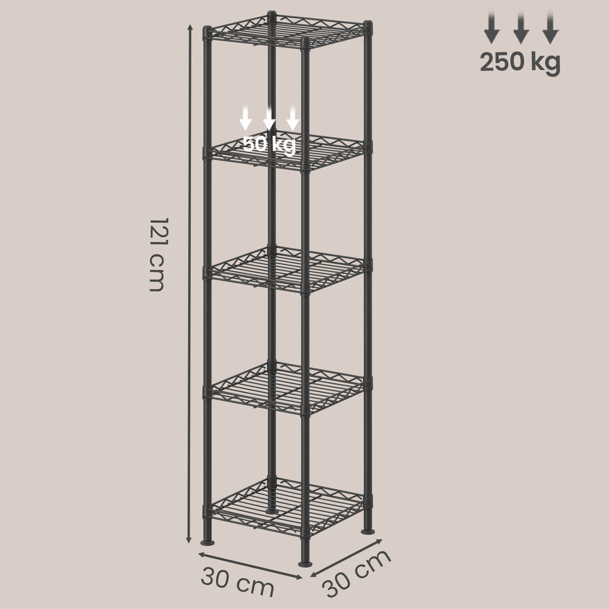 LEDREM Storage Shelves, 5-Tier Adjustable Narrow Metal Shelving Unit for Kitchen Storage, 11.8 x 11.8 x 48.3 Inches, Ink Black