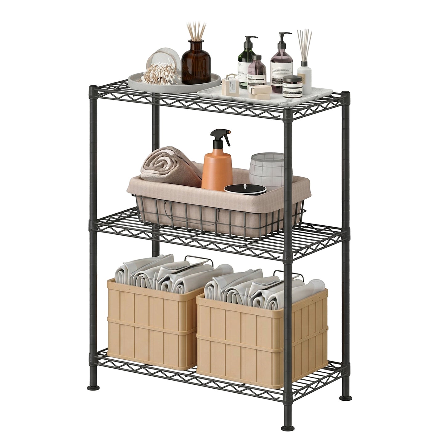 3-Tier Storage Rack, Bathroom Shelf with 4 PP Shelf Liners, Removable Hook, Extendable, Black