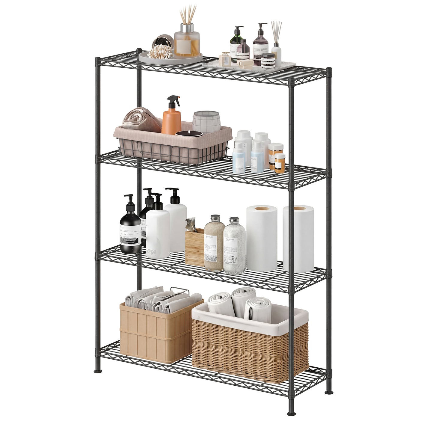 4-Tier Storage Rack, Bathroom Shelf with 4 PP Shelf Liners, Removable Hook, Extendable, Black
