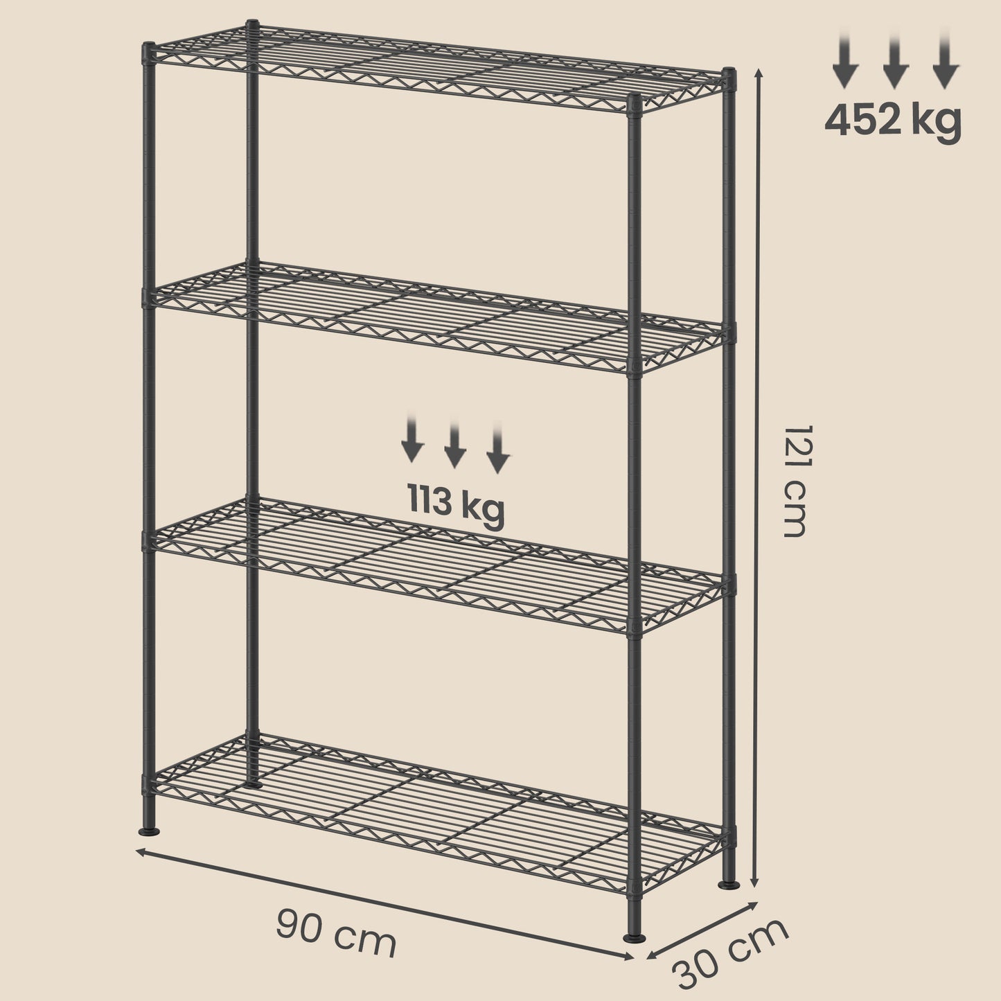 4-Tier Storage Rack, Bathroom Shelf with 4 PP Shelf Liners, Removable Hook, Extendable, Black