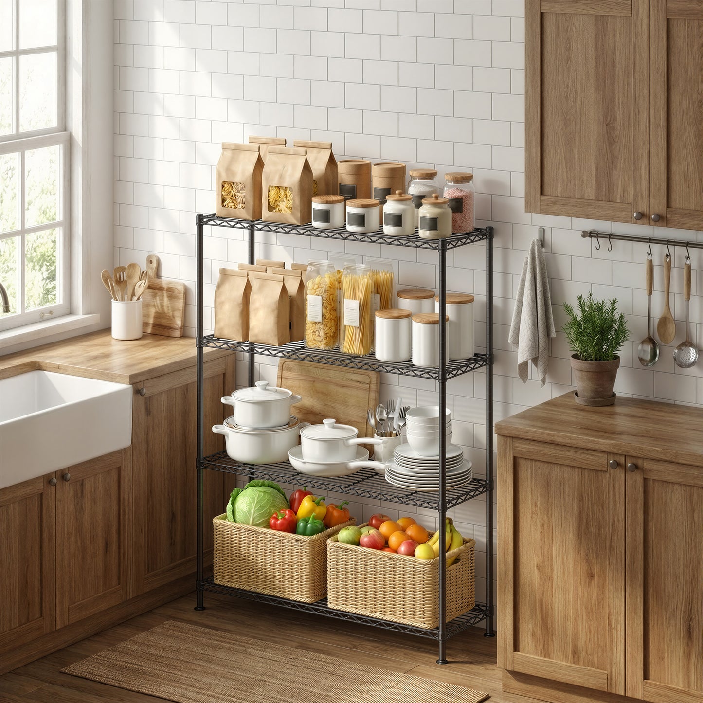 4-Tier Storage Rack, Bathroom Shelf with 4 PP Shelf Liners, Removable Hook, Extendable, Black