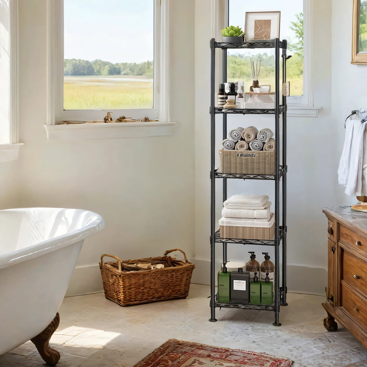 LEDREM Bathroom Shelf, 5-Tier Storage Rack for Small Space, with 5 PP Shelf Liners, Removable Hook, Extendable Design, Black and Translucent