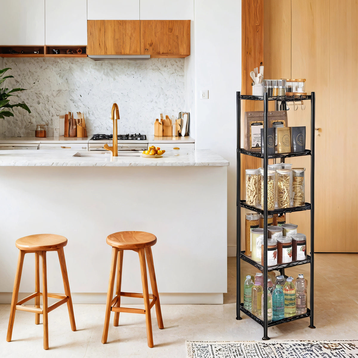 LEDREM Bathroom Shelf, 5-Tier Storage Rack for Small Space, with 5 PP Shelf Liners, Removable Hook, Extendable Design, Black and Translucent