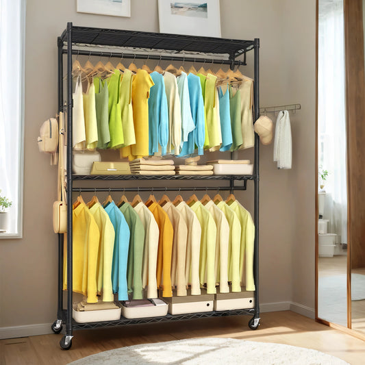 Heavy-Duty Rolling Clothes Rack, 43.3-Inch Wide Garment Rack/Portable Closet with Adjustable Mesh Shelves, Hanging Rails & Hooks, Tool-Free Assembly for Home Closet Storage, Ink Black