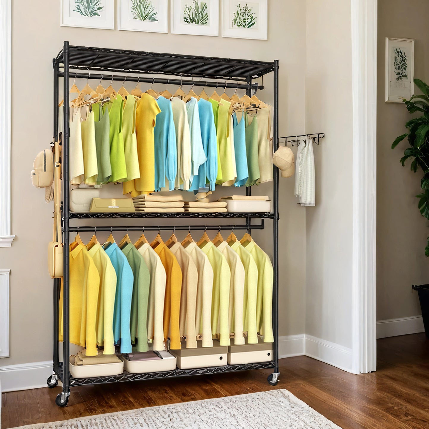 Heavy-Duty Rolling Clothes Rack, 43.3-Inch Wide Garment Rack/Portable Closet with Adjustable Mesh Shelves, Hanging Rails & Hooks, Tool-Free Assembly for Home Closet Storage, Ink Black