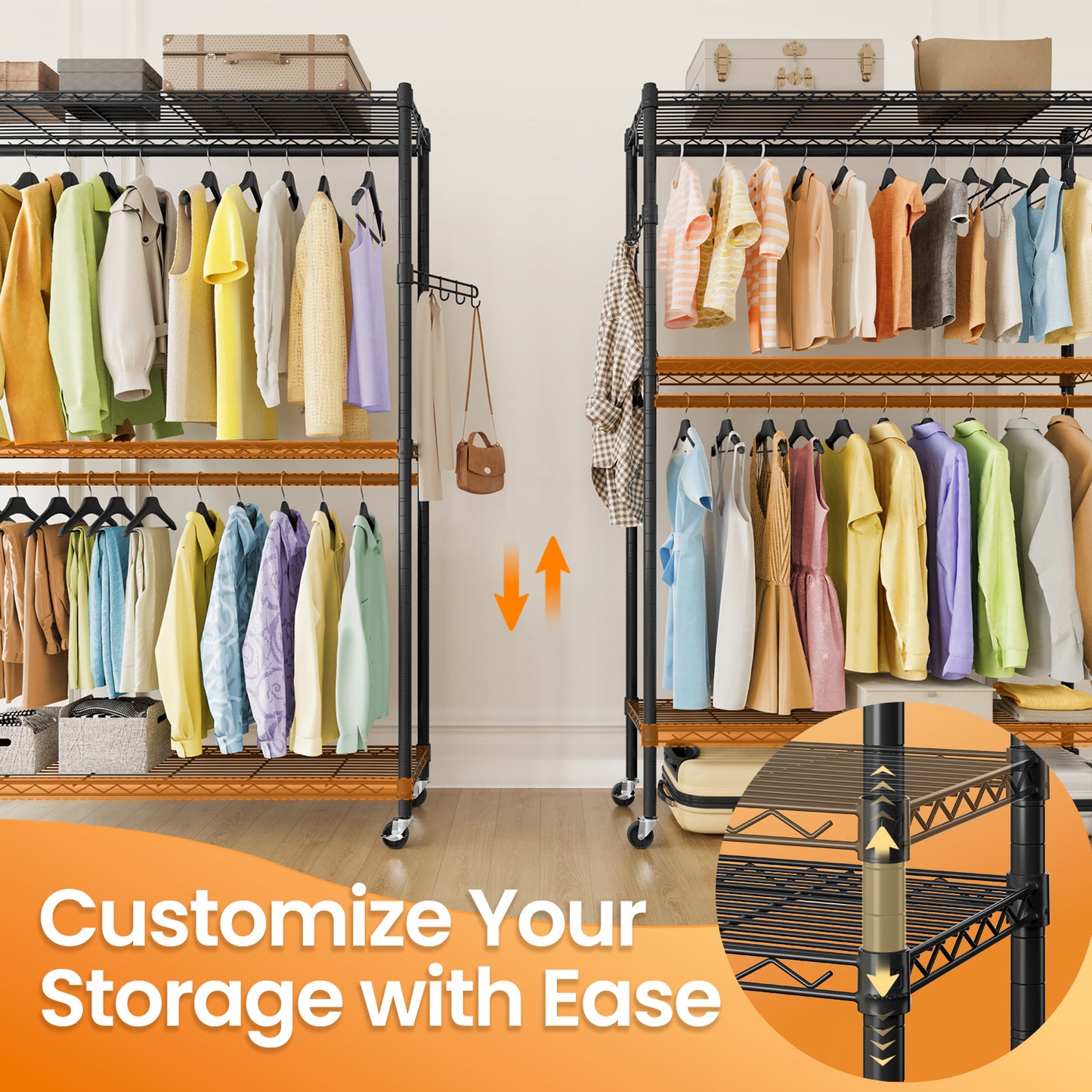 Heavy-Duty Rolling Clothes Rack, 43.3-Inch Wide Garment Rack/Portable Closet with Adjustable Mesh Shelves, Hanging Rails & Hooks, Tool-Free Assembly for Home Closet Storage, Ink Black