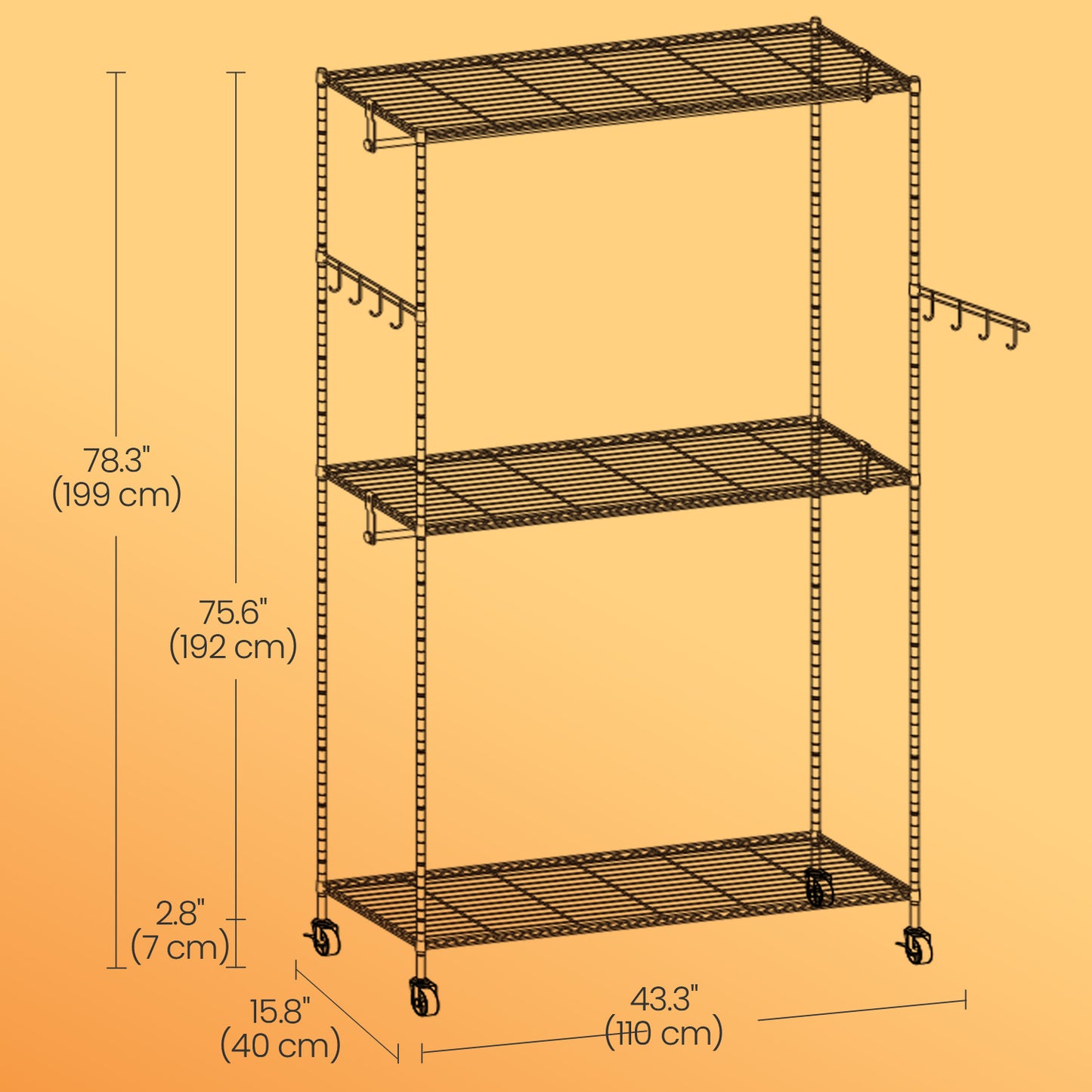 Heavy-Duty Rolling Clothes Rack, 43.3-Inch Wide Garment Rack/Portable Closet with Adjustable Mesh Shelves, Hanging Rails & Hooks, Tool-Free Assembly for Home Closet Storage, Ink Black