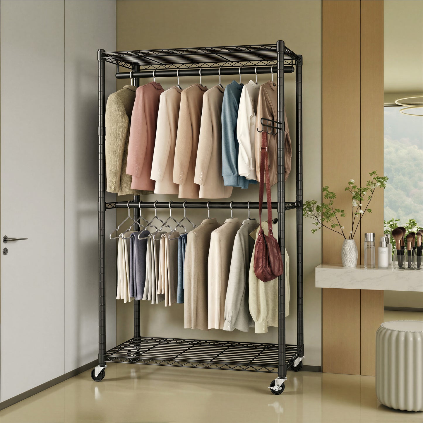 Heavy-Duty Rolling Clothes Rack, Portable Garment Rack on Wheels with Adjustable Mesh Shelves & Hanging Rails, Tool-Free Assembly, Ink Black