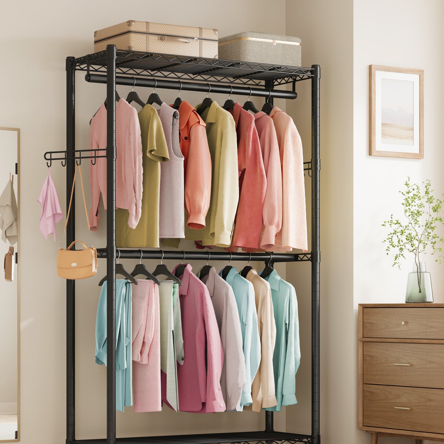 Heavy-Duty Rolling Clothes Rack, Portable Garment Rack on Wheels with Adjustable Mesh Shelves & Hanging Rails, Tool-Free Assembly, Ink Black