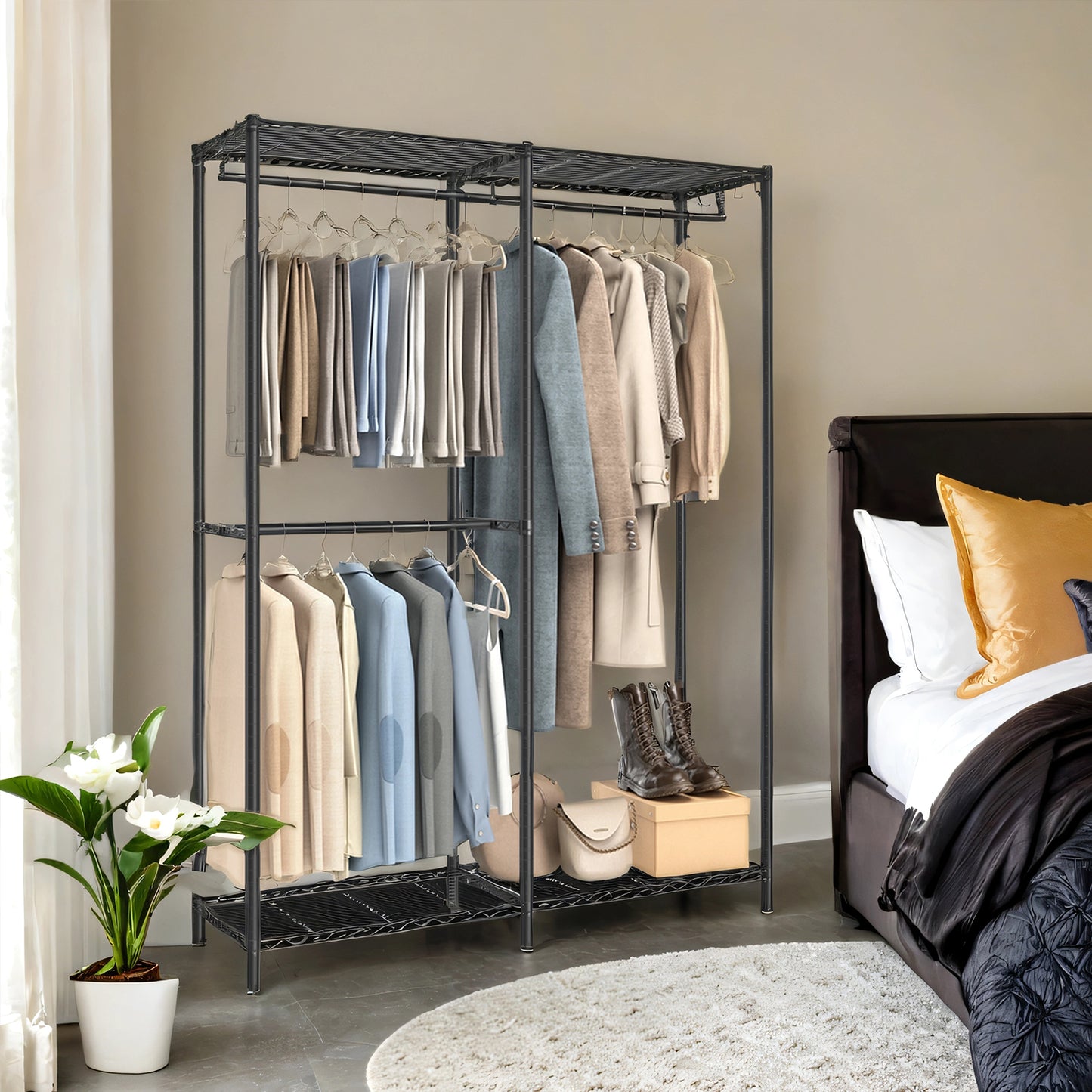 Freestanding Clothes Rack, Metal Heavy-Duty Garment Rack/Wardrobe Closet with 3 Hanging Rods, 4 Shelves, Adjustable/Removable Parts, Tool-Free Assembly for Home Storage,Ink Black