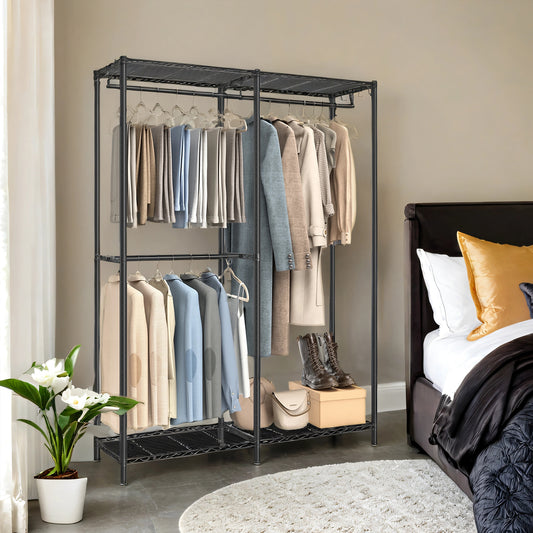 Freestanding Clothes Rack, Metal Heavy-Duty Garment Rack/Wardrobe Closet with 3 Hanging Rods, 4 Shelves, Adjustable/Removable Parts, Tool-Free Assembly for Home Storage,Ink Black